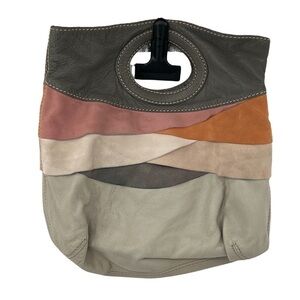 Fossil Fifty-Four SOCKEYE Salmon Tan Gray Ruffled Suede Leather Handbag Purse